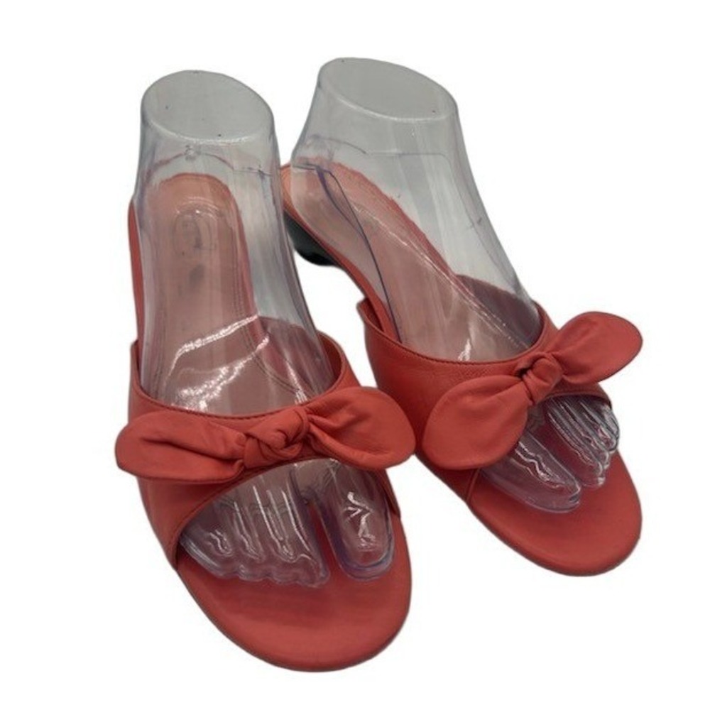 Talbots Slide Sandals Women 9.5 B Coral Leather Bow Peep Toe Kitten Heel